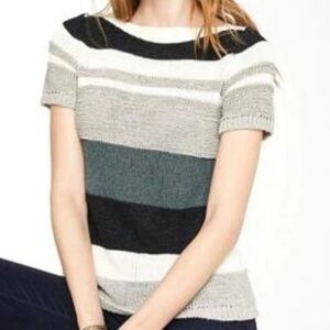 Ann Taylor Short Sleeve open weave sweater stripe boatneck white gray black L